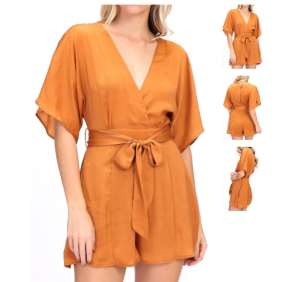 HYFVE Pants - HYFVE Gold/Burnt Orange Romper with Tie Belt